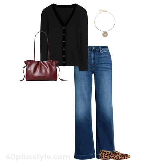 Velvet cardigan and jeans | 40plusstyle.com