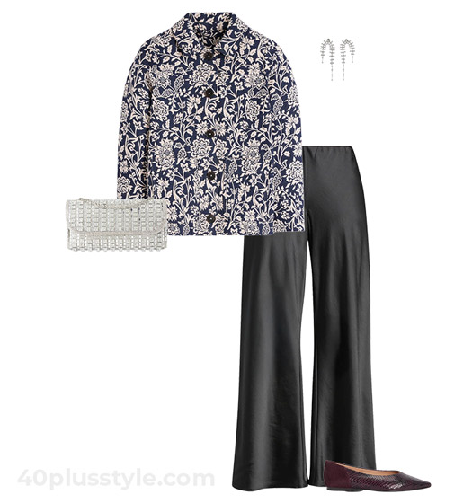 Jacquard jacket and satin pants | 40plusstyle.com