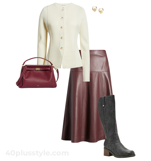 Leather skirt and cardigan | 40plusstyle.com