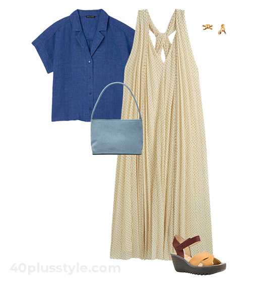 Pleated maxi dress paired with a linen collar shirt | 40plusstyle.com
