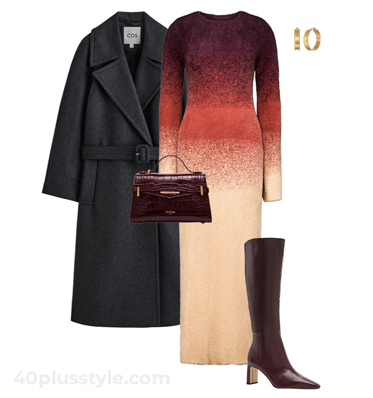 Peach dress and wool coat | 40plusstyle.com