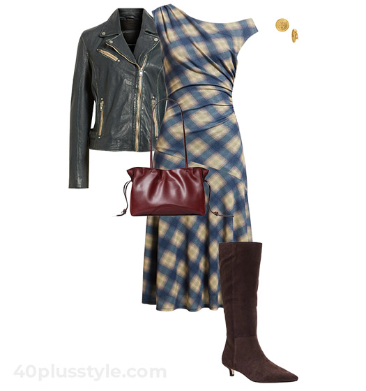 Plaid dress and leather jacket | 40plusstyle.com