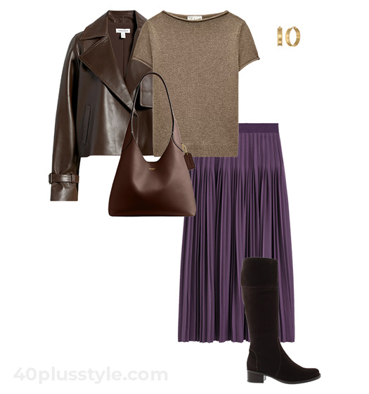 Purple skirt and leather jacket | 40plusstyle.com