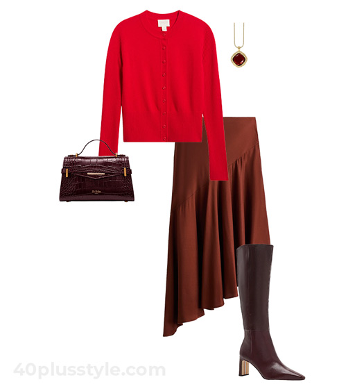 Red cardigan and brown skirt | 40plusstyle.com