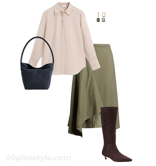 Sheer shirt and asymmetric skirt | 40plusstyle.com