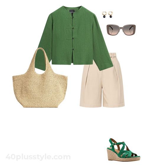 Green jacket and shorts outfit | 40plusstyle.com