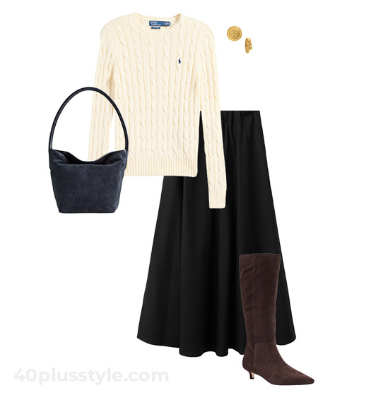 Sweater and full skirt with boots | 40plusstyle.com