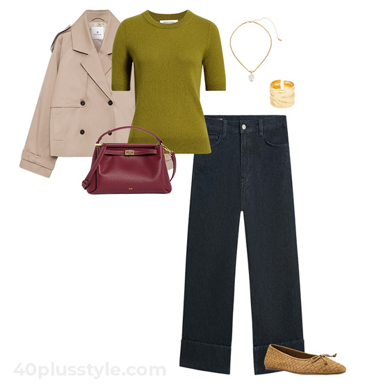 Short trench coat and jeans | 40plusstyle.com