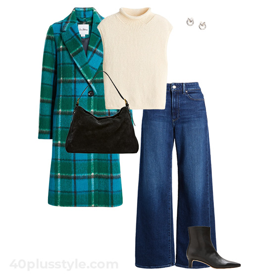 Turquoise coat and jeans | 40plusstyle.com
