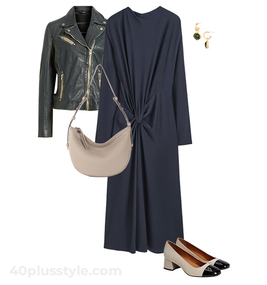Dress and leather jacket outfit | 40plusstyle.com