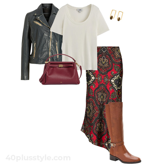 Print skirt with leather jacket | 40plusstyle.com