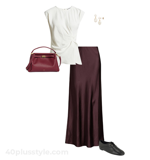 Satin skirt and jazz shoes outfit | 40plusstyle.com