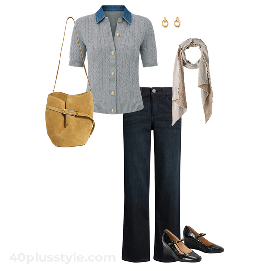 Preppy cardigan and jeans with wedges | 40plusstyle.com