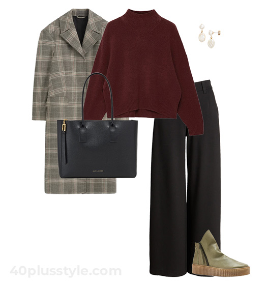 Olive shoes and check coat | 40plusstyle.com