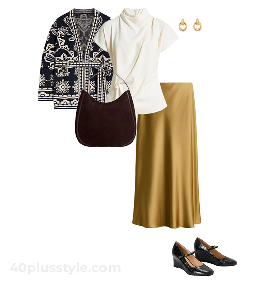 Print cardigan and satin skirt | 40plusstyle.com
