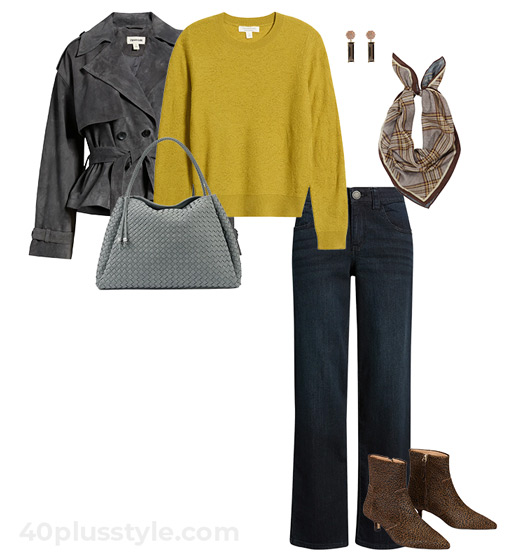 Olive sweater and dark jeans | 40plusstyle.com