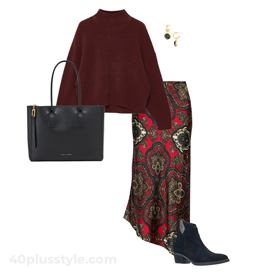 Western boots and print skirt outfit | 40plusstyle.com
