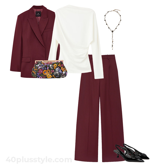 Burgundy and cream outfit | 40plusstyle.com