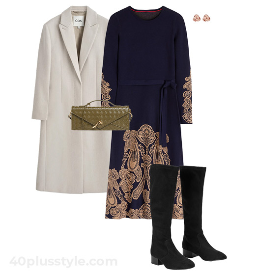 Cream coat and print dress | 40plusstyle.com