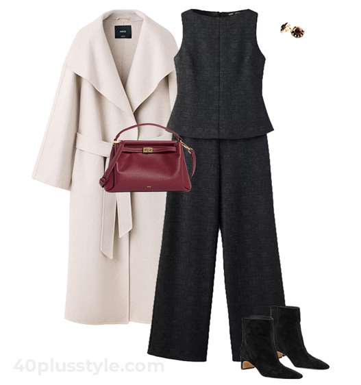 Neutral outfit and burgundy bag | 40plusstyle.com