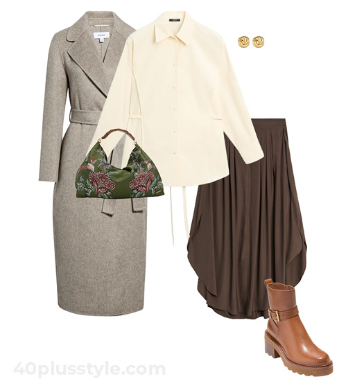 silk shirt and skirt outfit | 40plusstyle.com