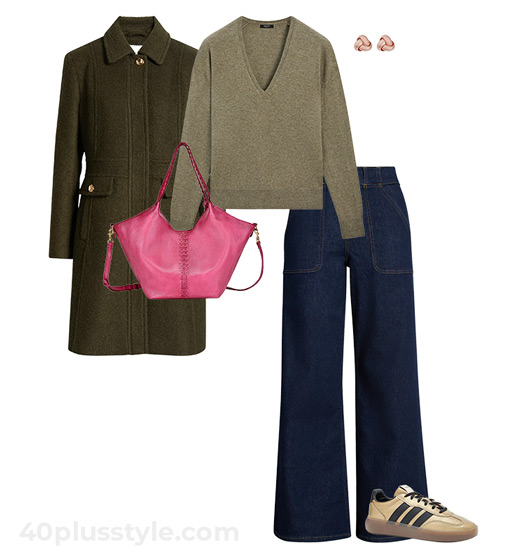 Coats for your body type - olive coat and jeans | 40plusstyle.com