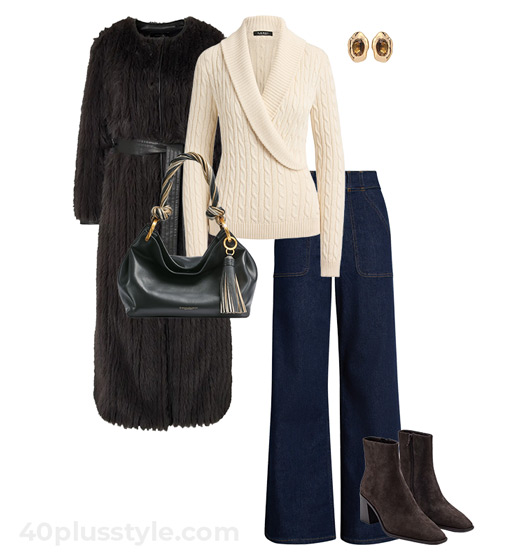 Long fur coat and jeans | 40plusstyle.com