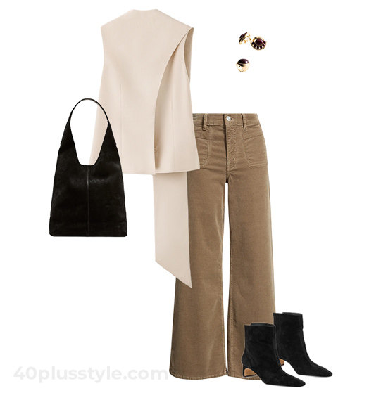 Drape top and corduroy pants | 40plusstyle.com