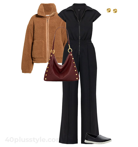 Jumpsuit and teddy coat | 40plusstyle.com