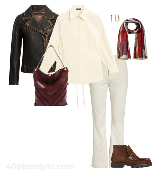 Leather jacket and loafers | 40plusstyle.com